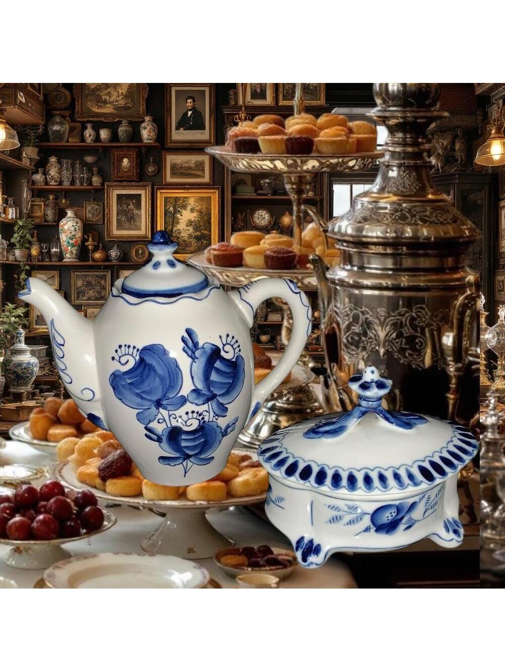 Gzhel Teapot & Sugar Bowl Set.  Vintage Russian Porcelain.  NEW!